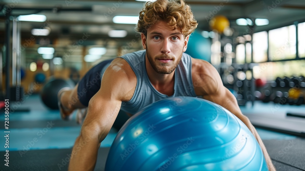 Focused Man Exercising with Stability Ball in Gym Focused Man Exercising with Stability Ball in Gym