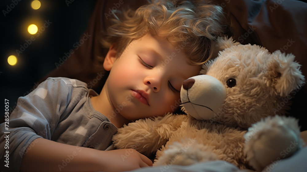 A serene close-up of a little boy sleeping peacefully in bed, clutching his teddy bear. A serene close-up of a little boy sleeping peacefully in bed, clutching his teddy bear.