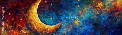 An abstract representation of the crescent moon and stars, background image, generative AI photo