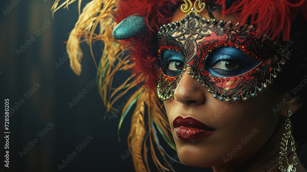 elegante wallpaper of a exotic beautiful Woman, topmodel, mask and stones carnival in Rio, carneval concept, with empty copy space