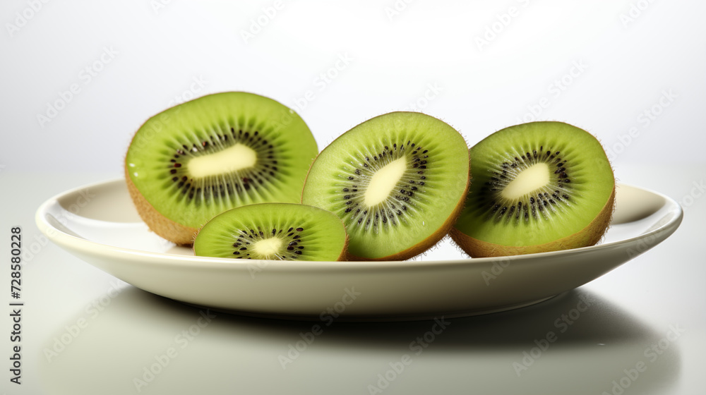 A close-up of a freshly cut kiwi in half, resting on a delicate ceramic plate. A close-up of a freshly cut kiwi in half, resting on a delicate ceramic plate.