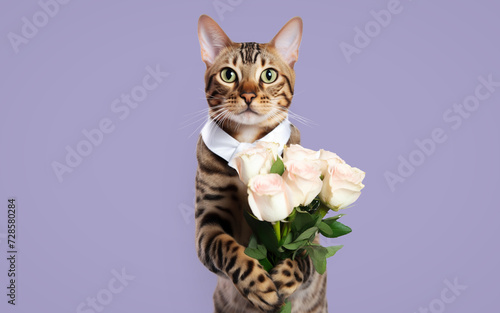Cute cat with a bouquet of flowers on a uniform background