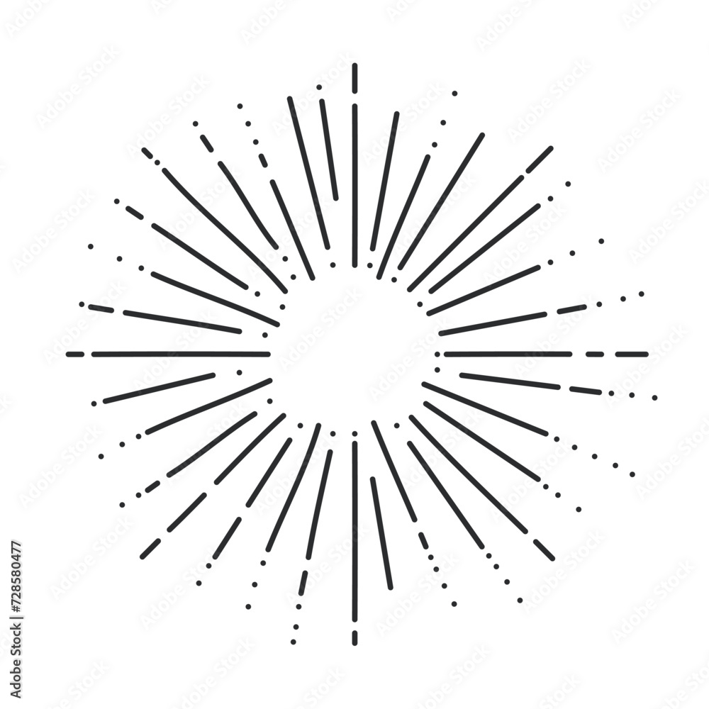 Obraz premium Radial fireworks with sparks line icon. Thin black outline simple burst of fire, bursting firework with stroke dotted rays monochrome icon, birthday party decorative element vector illustration