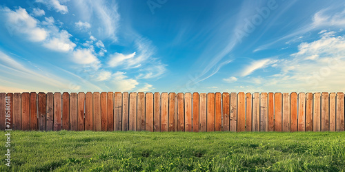 lawn wooden fence blue sky with clouds photo