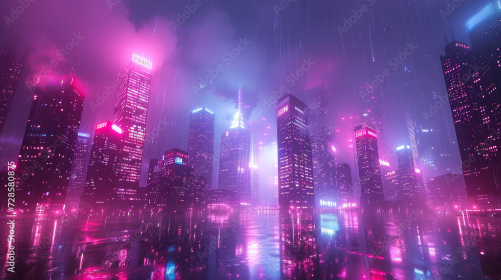 A neon-lit cityscape at night, blending the future with urban elegance