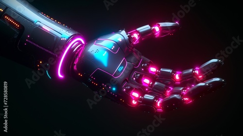 A neon-lit robotic hand, a symbol of innovation and precision engineering