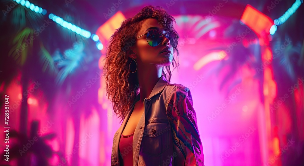 Against a backdrop of neon lights, a cyberpunk girl stands confidently in a bikini top, blending futuristic aesthetics with urban vibrancy. Against a backdrop of neon lights, a cyberpunk girl stands confidently in a bikini top, blending futuristic aesthetics with urban vibrancy.