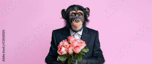 Canvas Print Monkey in a suit with a bouquet of flowers on a minimalistic background