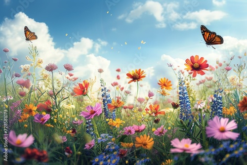 A majestic monarch butterfly gracefully glides through the clear blue sky, delicately pollinating the vibrant flowers that adorn the lush green field, surrounded by the beauty of nature's cosmos © Pinklife