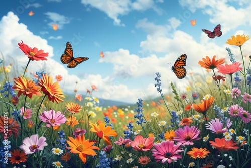 Amidst a dreamy sky, vibrant butterflies gracefully flutter above a sea of blooming flowers, evoking a sense of delicate beauty and natural wonder in the great outdoors