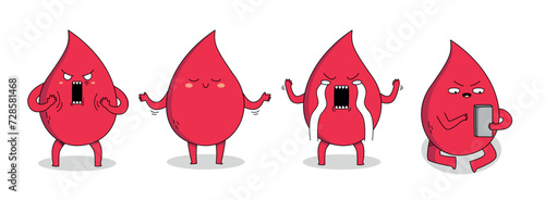 Cute Red Blood cartoon character set 3 of shocked, indifference, crying and scrolling phone doodle
