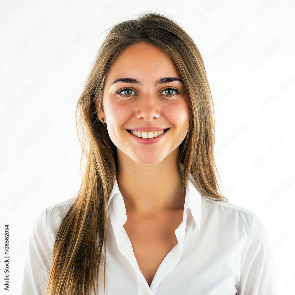 Young Caucasian brunette business women head shot, Gentle Smile on a white background Young Caucasian brunette business women head shot, Gentle Smile on a white background