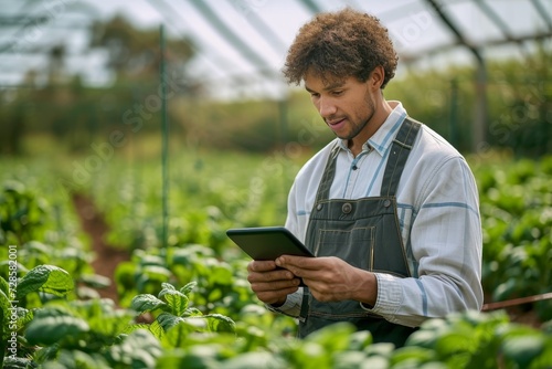 A farmworker stands in a vibrant greenhouse, clad in practical clothing, using a tablet to tend to his cash crop with the utmost care and dedication