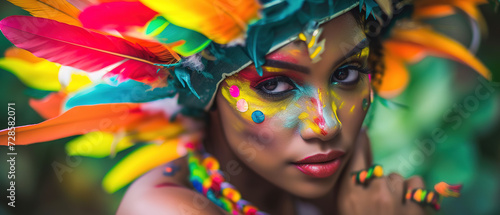 wallpaper of a Exotic brazilian young woman dressed for Carnival looking at the camera, carneval concept with empty copy space