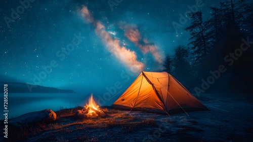 tent camp with campfire on the forest with beautiful night sky milkyway