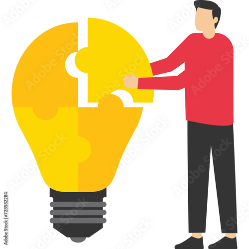 ideas, creativity or innovation to fix a problem or problem concept, Problem solver, get the solution to overcome difficulties, Businessman solving light bulb idea puzzle by connecting last jigsaw pie