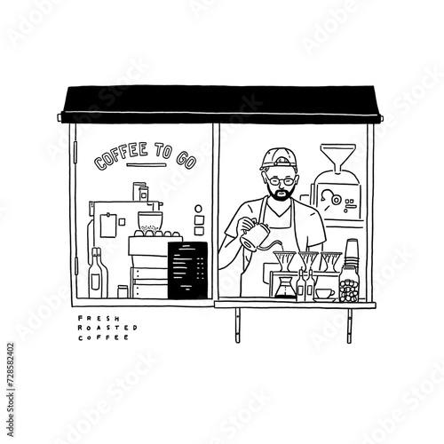 Barista Pour over coffee Small shop Cafe window City People lifestyle Hand drawn line art Illustration