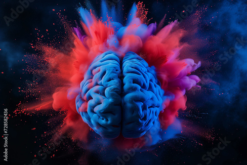 a human brain in a colorful, dynamic pigment or powder explosion, creativity or creative idea concept