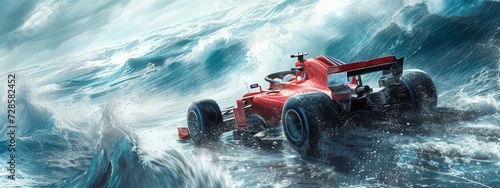 Red race car with dynamic water splashes around simulating high-speed movement. Fast racing © master1305