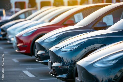 New electric cars are parked in the dealer's parking lot ready for sale