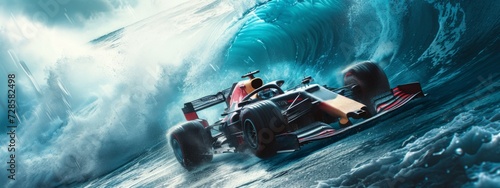 Red race car with dynamic water splashes around simulating high-speed movement. Fast racing
