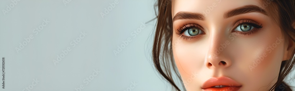 A beautiful brunette woman with green eyes and make-up, cosmetics background. A beautiful brunette woman with green eyes and make-up, cosmetics background.