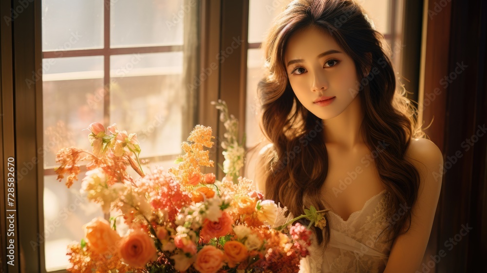 asian female, bridal studio photography with flower bouquet, ai asian female, bridal studio photography with flower bouquet, ai