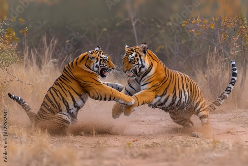 Two majestic big cats fiercely battle for dominance in the dusty outdoor terrain, surrounded by wild plants and grass in a breathtaking display of raw wildlife power