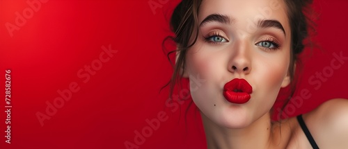 A close-up portrait of a beautiful young brunette woman with luscious red lips and green eyes, blowing a kiss. Red background.