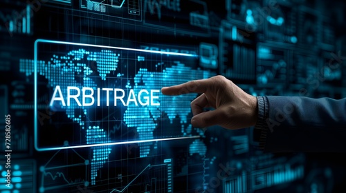 An image of a businessman touching an illuminated parallelogram with the word "ARBITRAGE", world map and chart background.