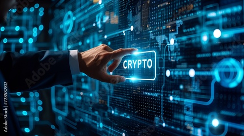 A businessman touching an illuminated parallelogram with the word "CRYPTO", world map and chart background.