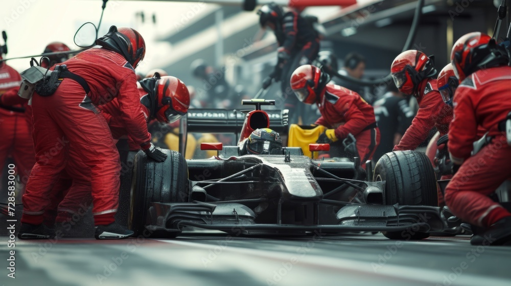 Obraz premium Racing team working at pit stop with racing care during tournament on a daytime