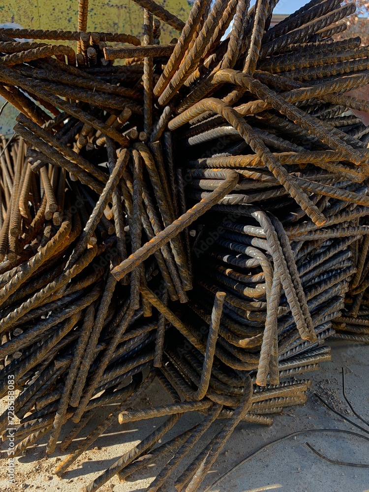 Pile of rebars for foundation reinforcement. L shape reinforcement