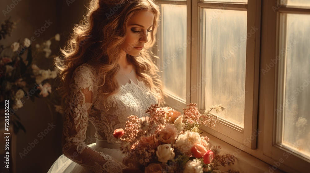 caucasian female, bridal studio photography with flower bouquet, ai