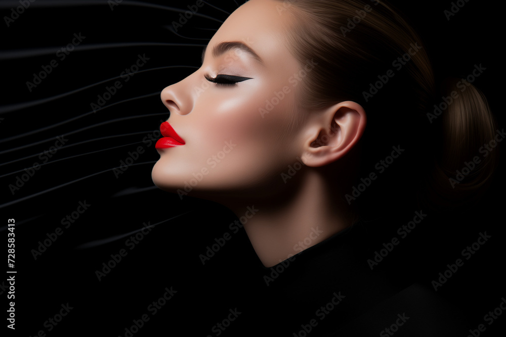 A  photo of a stylish girl's face in profile with glamorous makeup , eyelash extention and red lips - obrazy, fototapety, plakaty 