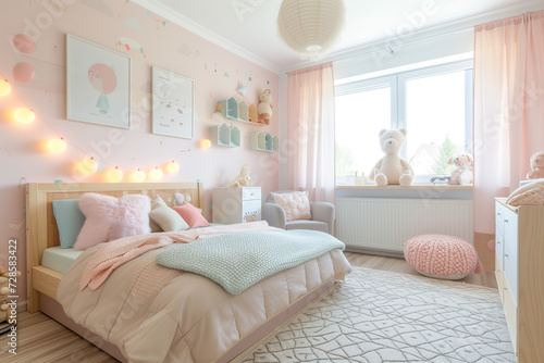 Cute interior pastel kid bedroom with comfortable bed, toy, desk. Children bedroom, Girl room