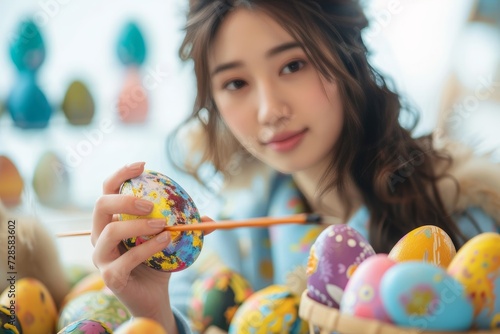 A young woman delicately holds an egg, her human face serene as she carefully paints intricate easter designs onto its smooth surface, her clothing a canvas for her creative expression