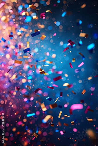 Colorful confetti rain on festive blue stage background, empty room at night mockup with copy space, jubilee, New Year's party or product presentations.