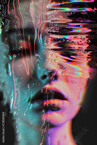 A beautiful female face, glitched and distorted and warped design. Abstract model concept.