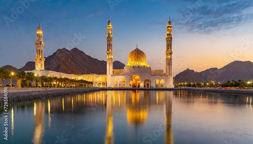 middle east arabian peninsula oman muscat sunset view of the sultan qaboos grand mosque in bawshar photo