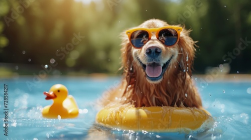 A long-haired dog cat wearing sunglasses and hat is smiling. Perched on a yellow duck-shaped rubber ring. Floating in a pond. © Winter KD