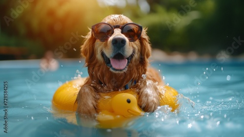 A long-haired dog cat wearing sunglasses and hat is smiling. Perched on a yellow duck-shaped rubber ring. Floating in a pond.