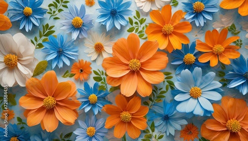 flower pattern with orange and blue flowers on background flora summer wallpaper for banner postcard book illustration created with tools