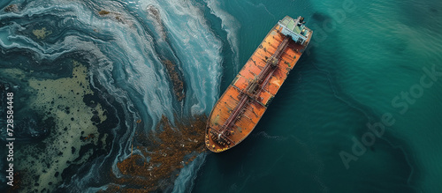 Top view of a tanker with spilled oil photo