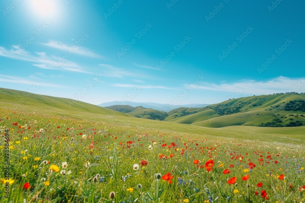 Vibrant Field of Wildflowers With Blue Sky in Background
