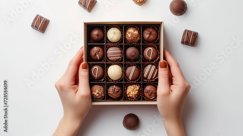 hands holds a box of chocolates. assorted chocolates confectionery in their gift box on the white background . Made with generative ai 