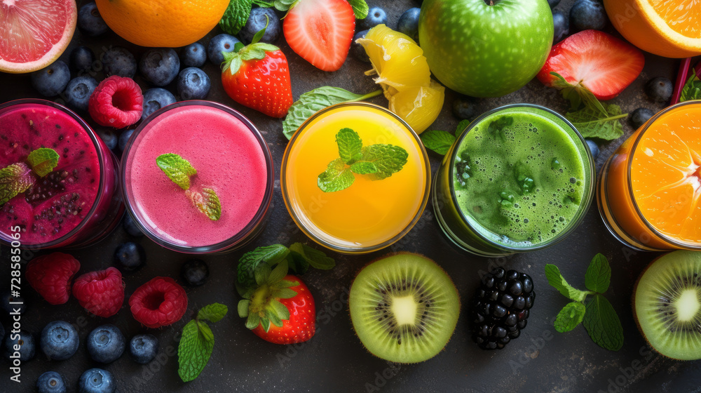 Freshly blended fruit smoothies of various colors and tastes in glasses surrounded by fresh fruits and berries. Yellow, red, green. Top view, flat lay. Freshly blended fruit smoothies of various colors and tastes in glasses surrounded by fresh fruits and berries. Yellow, red, green. Top view, flat lay.