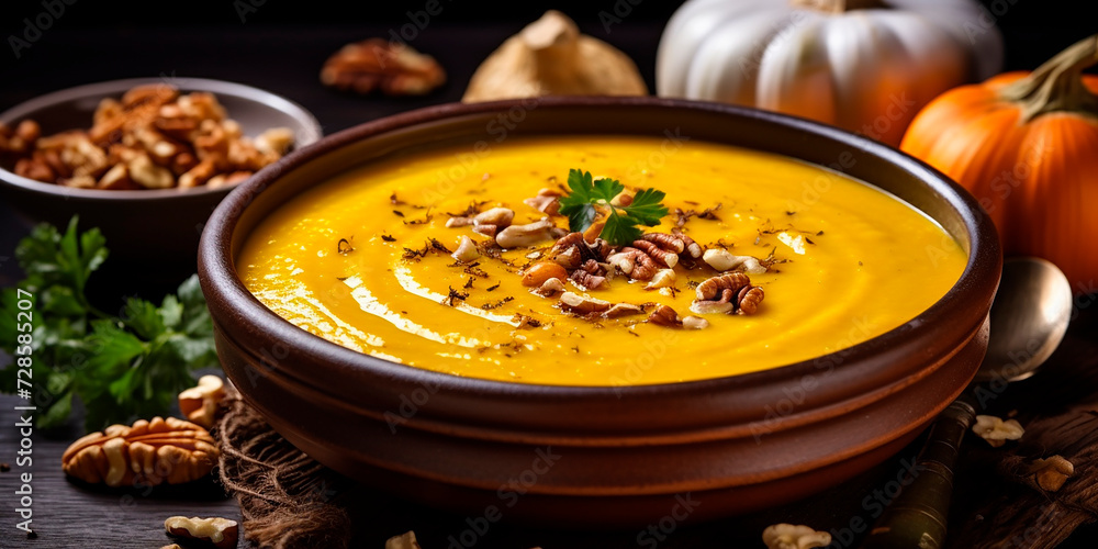 Delicious pumpkin soup in bowl on wooden table. Autumn still life