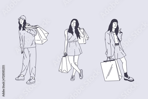 Set of outline illustrations of woman carrying shopping bags