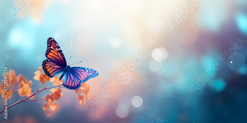 butterfly on a flower, Colorful Butterflies, beautiful butterfly background, A blueblue butterfly flutters against the background of green plants, Generative AI